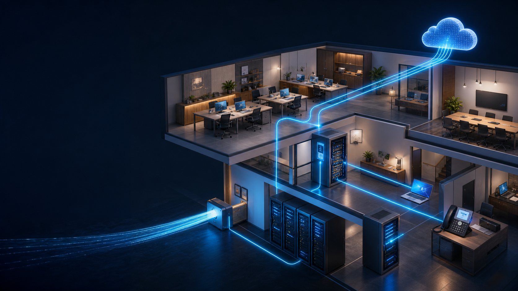 Connected office with cloud, servers, workstations, voice and fibre infrastructure